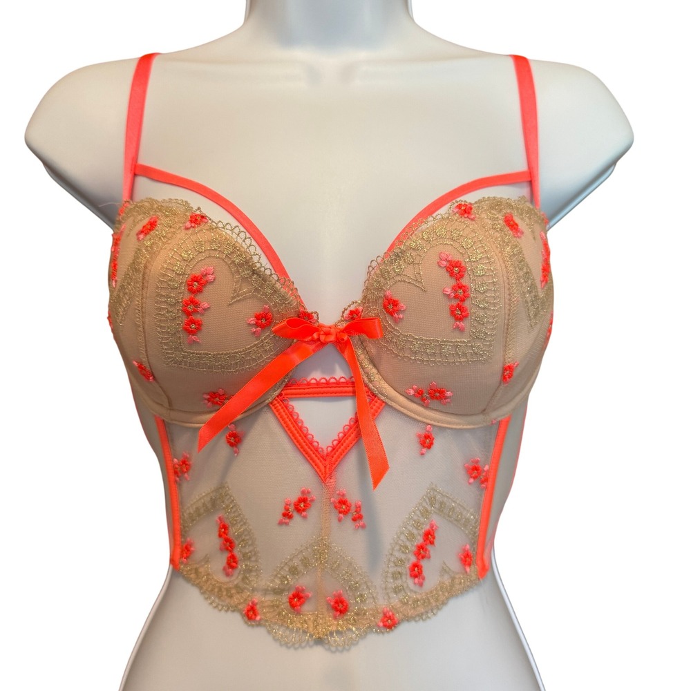 Victoria's Secret Dream Angels Corset 34C Embroidered Hearts Neon Coquette Sheer - Picture 1 of 6